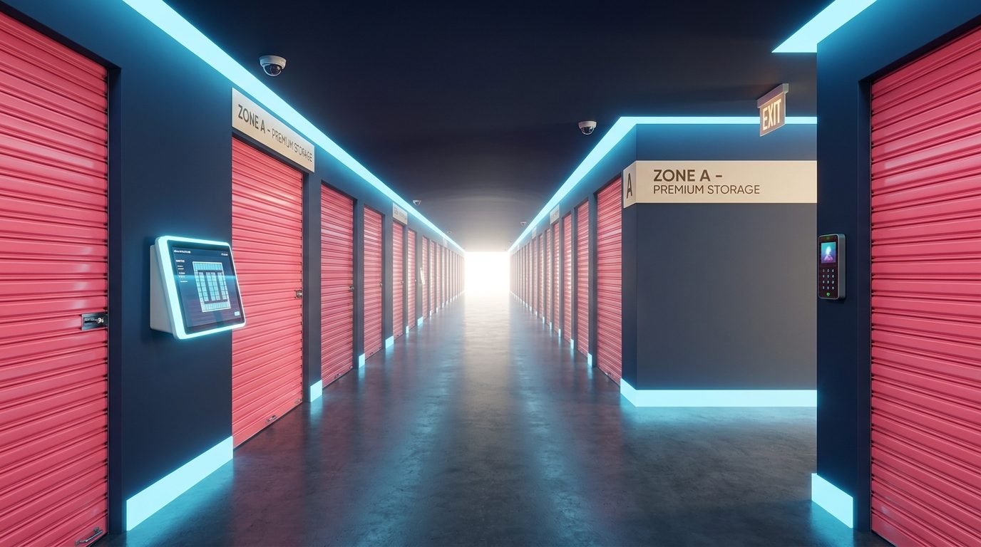 Indicative CGI of a Boxroom storage corridor with pink unit doors and digital access panels