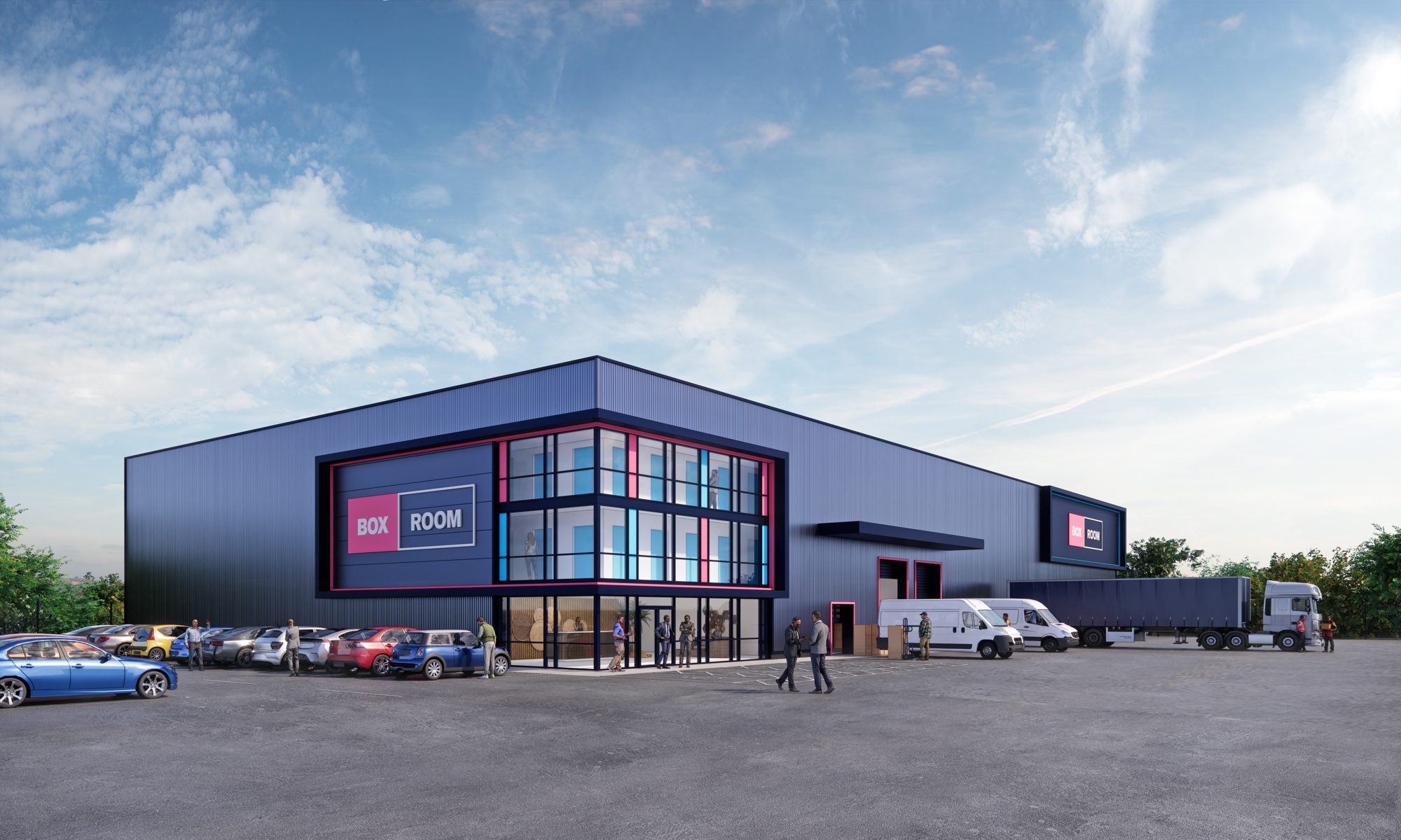 Indicative CGI of a Boxroom self-storage facility exterior with signage, forecourt parking and vans