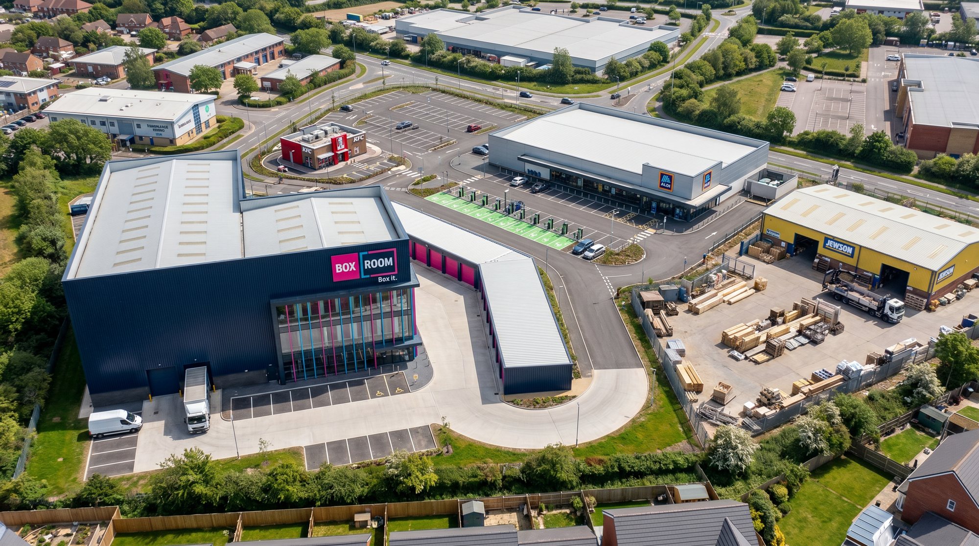 Indicative CGI aerial visualisation of the proposed scheme: the Boxroom self-storage conversion of the Saga building, a foodstore, a drive-thru and a builders' merchant around the shared access road